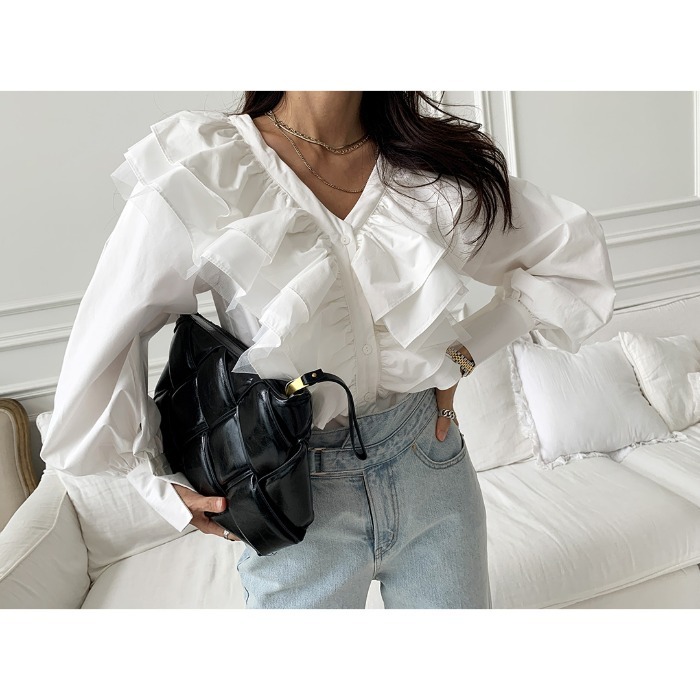 Nomikuma Korean Ruffle Patchwork Blouse Shirt Puff Sleeve V-neck Women Shirt Causal Spring Single Breasted Blusas New 6D929 210427
