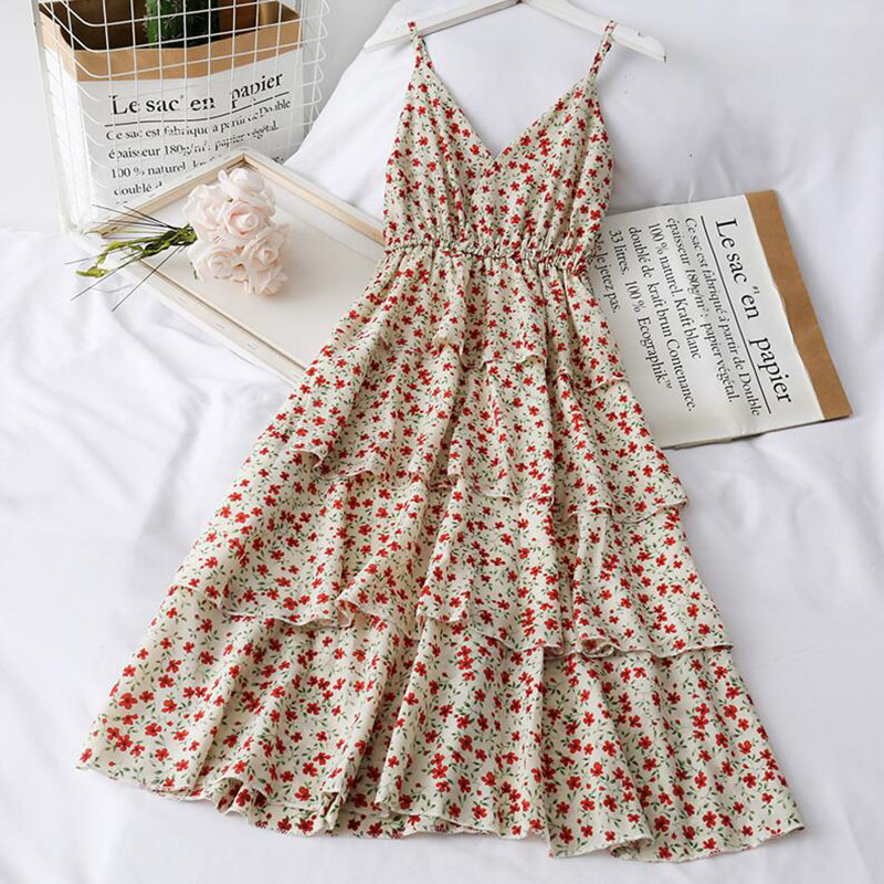 Women Summer Bohemian Strap Dress Korean Print V-neck backless Sundress Holiday Beach Sleeveless Cake Floral Dress 210521