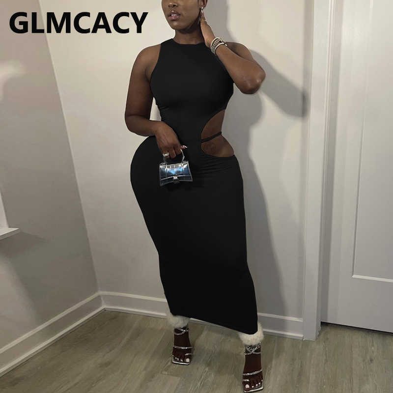 Sleeveless Cut Out Bodycon Maxi Dress Casual Solid Party Club Long Dresses 210702