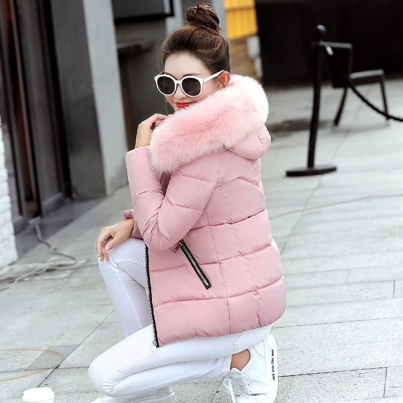 Korea Fashion Winter Women Slim Short Coat Warm Thicken Ladies Coats Big Fur Collar Hooded Parkas Lady Jacket D257 210512