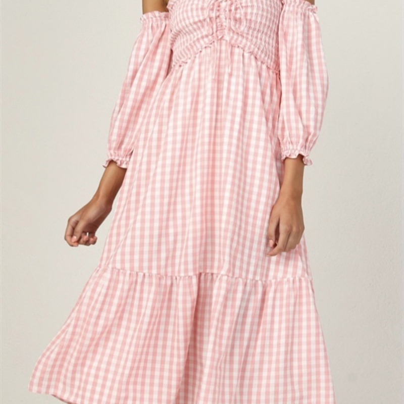 Holiday Style Puff Sleeve Dress Summer Pink Plaid Ruffle Belt Loose Mid-Length Vestido Female Elastic Fashion 210508
