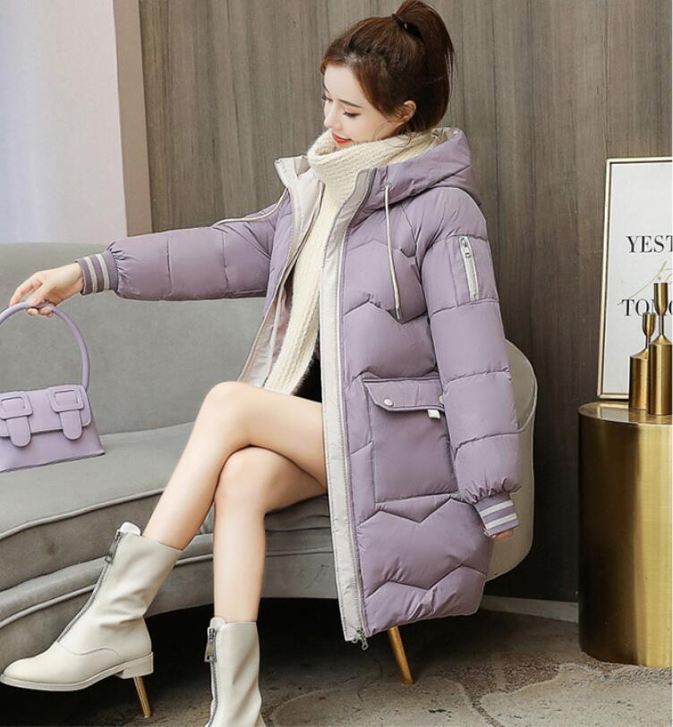 Autumn Winter Keep Warm Women Long Jackets Quilted Puffer Parkas Loose Hooded Solid Color Leisure Coat blue black 210429