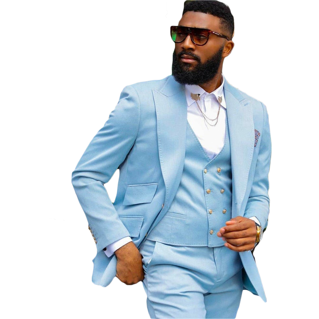 Sky Blue 3 Pcs Wedding Tuxedos for Men Plus Size Jacket Vest Pants Customise Groom Groomsmen Suit Mens' Business Formal Wear
