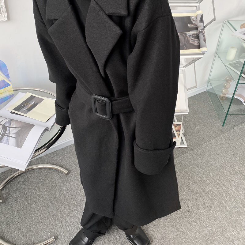 IEFB Men's Button Decorative Belt Bandage Waist Woolen Coat Oversize Mid Length Clothes Thick Male's Coats Long Sleeve Y4926 210524