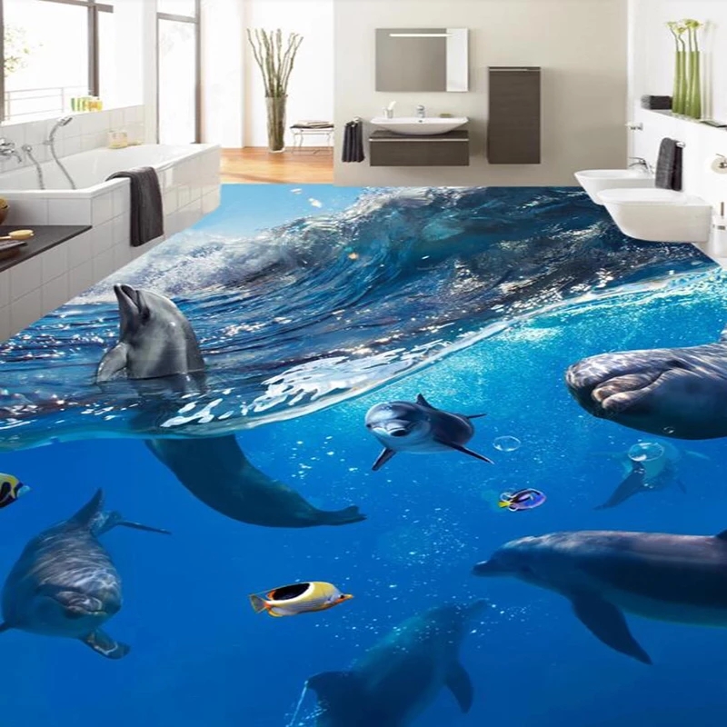 Undersea World Dolphins 3D Floor Painting Mural Wallpaper Bathroom Kids Bedroom Floor papel DE parede Waterproof