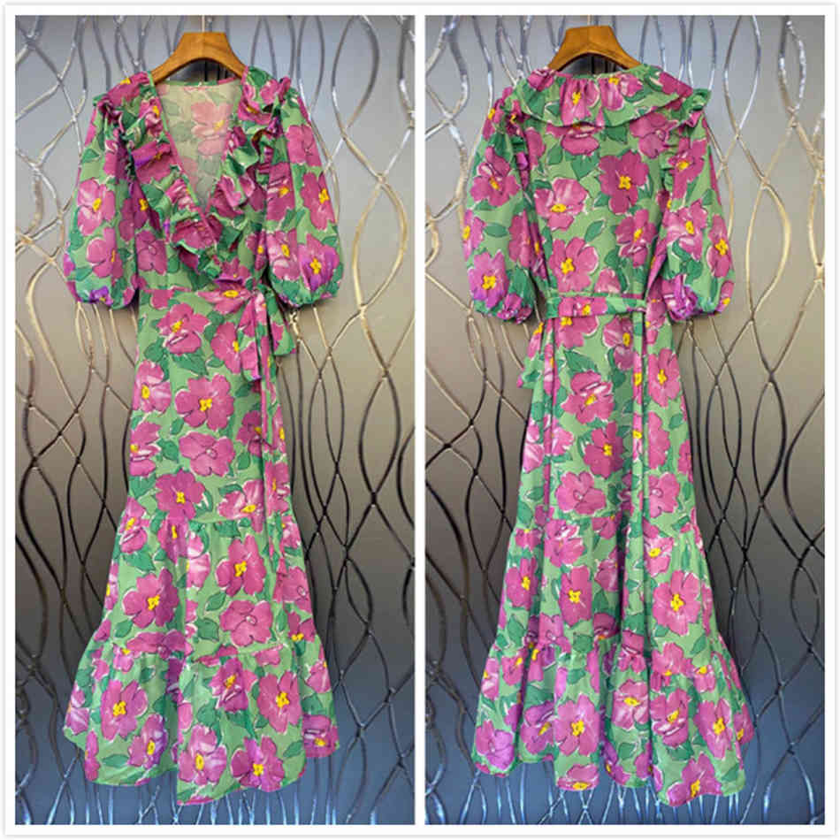 Free Women Summer Print Dress Elegant Ruffled V-neck Lantern Sleeve High Waist Lace-up Resort Style Long 210524