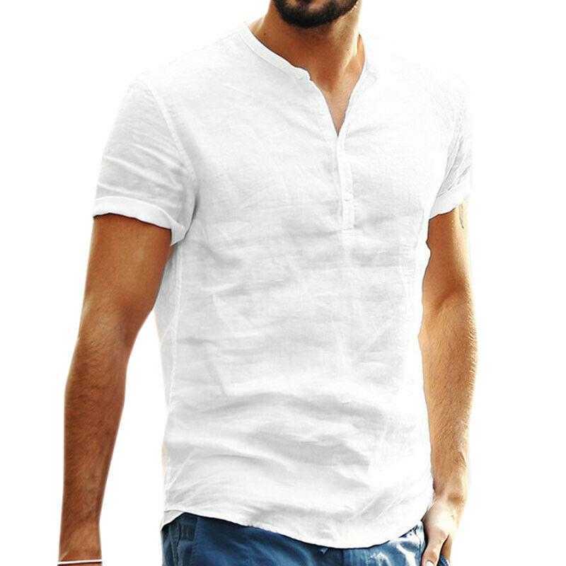 Male Short Sleeve Linen Button T-Shirt O-neck Fashion Summer solid Casual Cotton Henley Loose Blouse Tee Top Men Clothing 210726