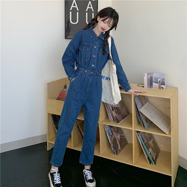 Fashion Streetwear Denim Overalls Women Autumn Long Sleeve Bodysuit High Waist Jeans Bodycon Rompers Belt Wide Leg Jumpsuit 210519