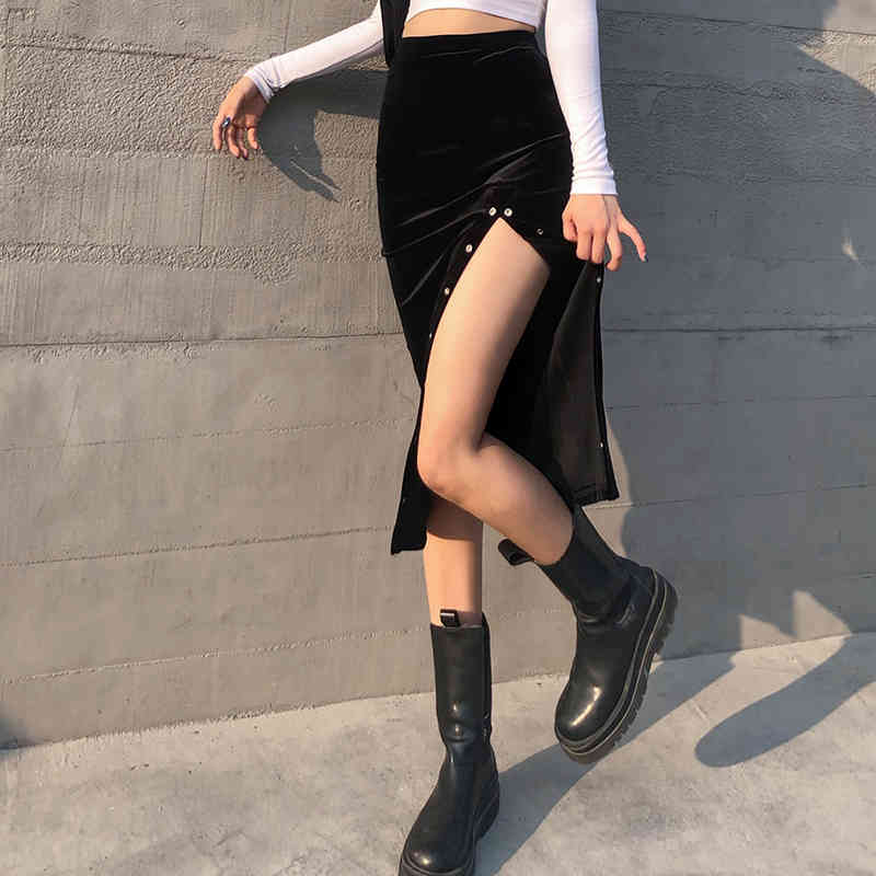 Fashion Bodycon Skirt Women Stretchable Split Mid Calf Slim Pencil s For Female Knit 210524