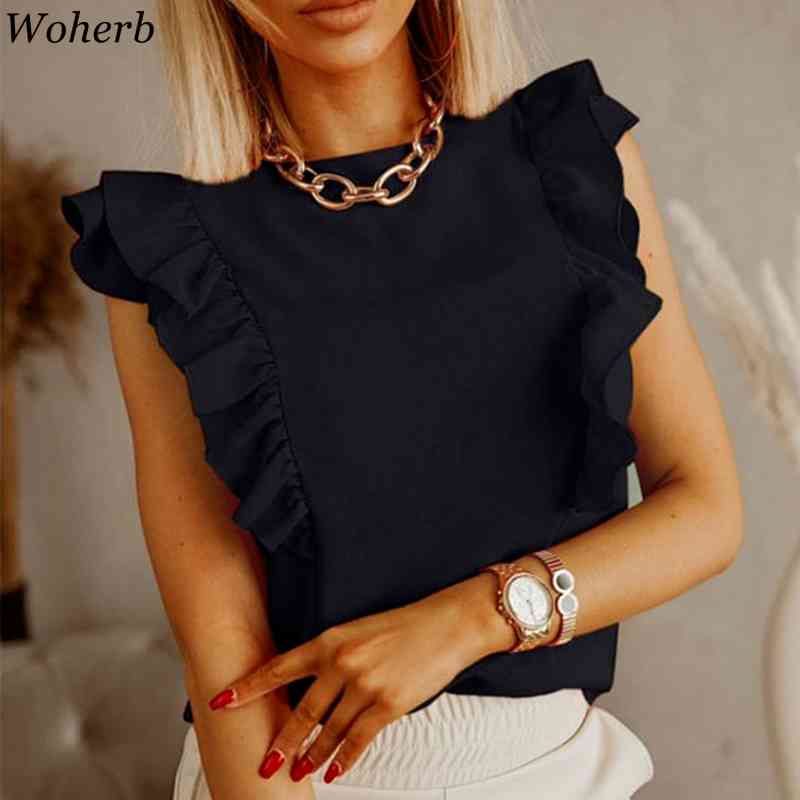 Ruffles Blouse Women Elegant Summer Chic Ladies Tops Fashion Solid Sexy Female Blusas Casual All Match Sweet Shirt 210519