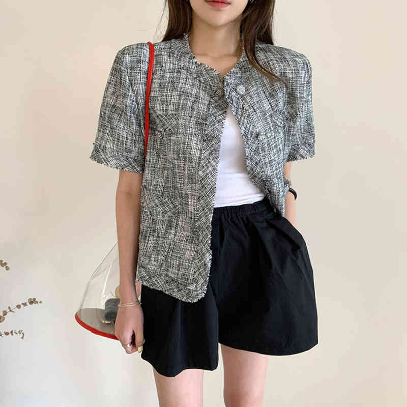 Comelsexy Summer Vintage Single Breasted Women's Jacket Chic Short Sleeve Jacket Female Short Outwear Pockets 210515