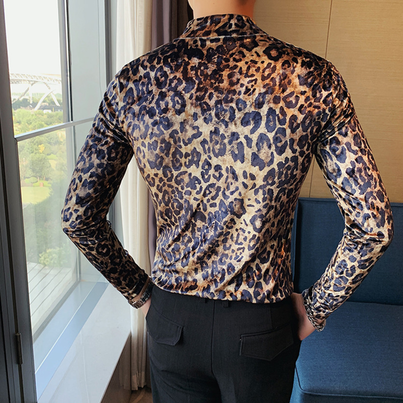 IEFB Stand Collar Base Long Sleeve Spring T-shirt Slim Leopard Print Tight Slim Fit Flannel Fashion Trend Tops 9Y6674 210524