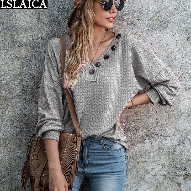 Women Blouses Casual Long Sleeve V Neck Button Tops for Fashion Solid Irregular Female Shirts Streetwear Plus Size Clothes 210520
