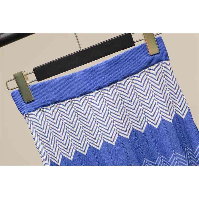 Runway Bohemian Hollow Out Knitted Women Suits Female Short Sleeve Top Midi Skirt Set Striped Sweater Suit Ladies Two-piece Sets 210519
