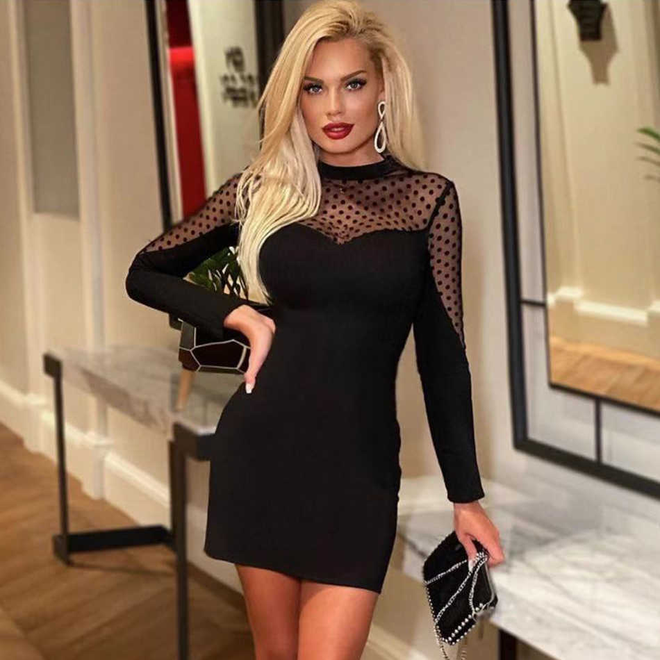 Women's Black Lace Bodysuit Bandage Dress Sexy Polka Dot Long Sleeve Mini Celebrity Night Runway Club Party 210525