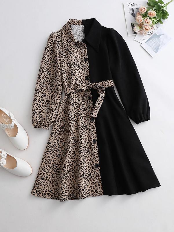 Girls Leopard Spliced Belted Shirt Dress SHE