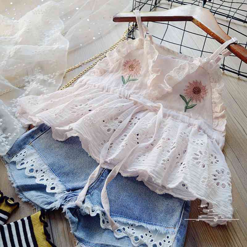 summer girls embroidered lace halter top + jean shorts 2 pieces set kids clothes 210515
