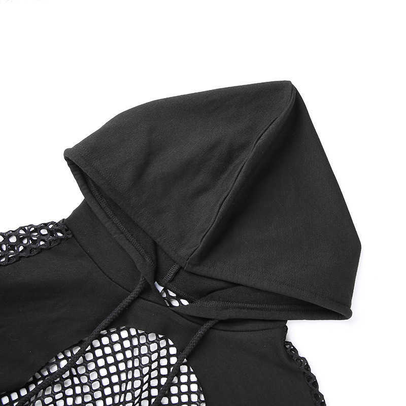 Fashion Grid Hollow Out Hooded Hoodies Long Sleeve Ultra Short Casual Pullovers Women Loose Cropped Tops Sweatshirts Outfits 210729