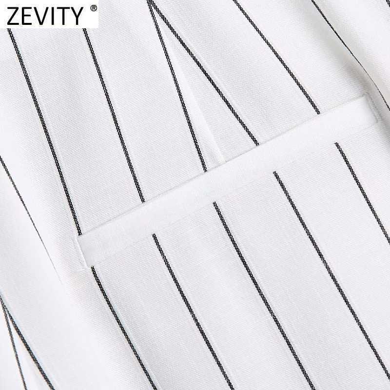 Zevity Women Vintage Striped Print Pocket Wide Leg Pants Retro Female Chic Zipper Fly Casual Slim Long Trousers P1107 210603