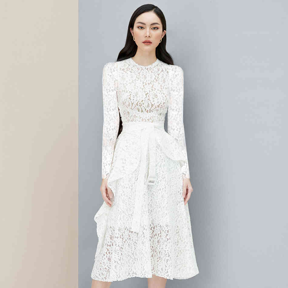 Winter Women White Lace Long Sleeve Dress Sexy Lady O Neck Midi Fashion Celebrity Evening Runway Club Party 210423