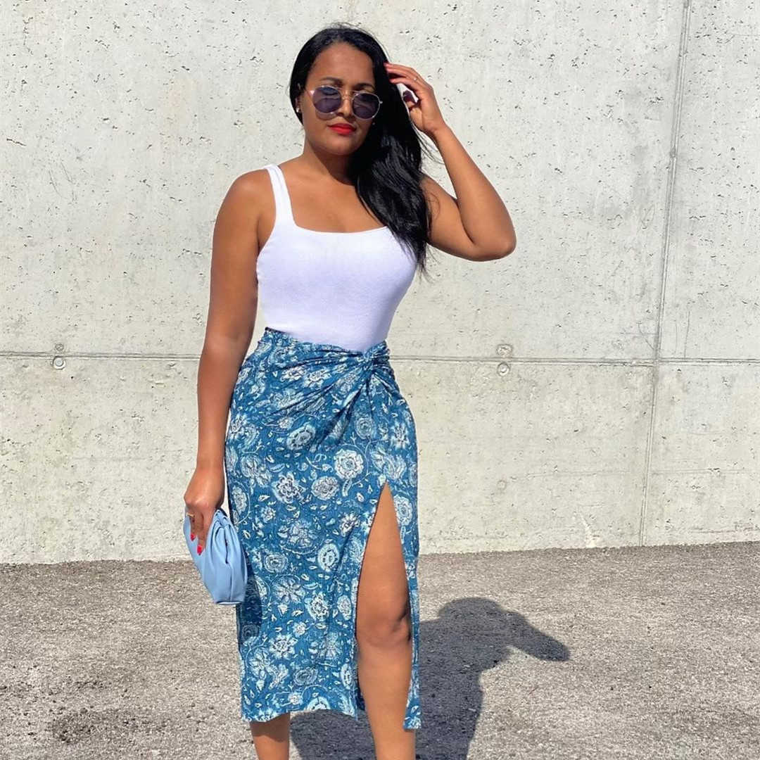 Elegant Texture Knot High Waist Long Skirt Solid Fashion Front Slit Office Lady Summer Thin Spring Midi Female Clothes 210621