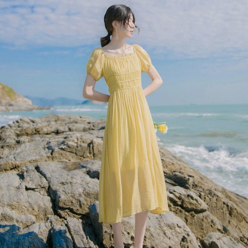 Dress Korean Sweet Elegant Dress Women Short Sleeve Casual Thin Beach Dress for Females Summer Chic Office Lady 210521