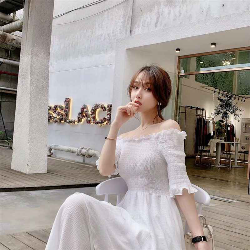 Vintage Off The Shoulder Dress White Korean Style Long Chiffon Elegant Womens es Casual Summer 210428