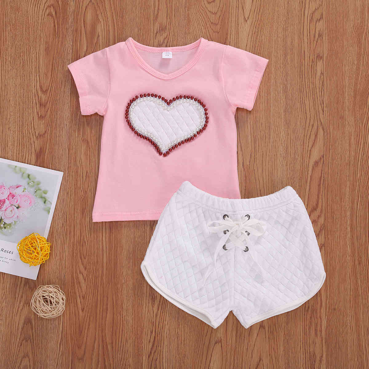 1-5Y Summer Toddler Child Kids Girls Clothes Sets Pearl Heart Print T-shirts Bandage Shorts Outfits Costumes 210515