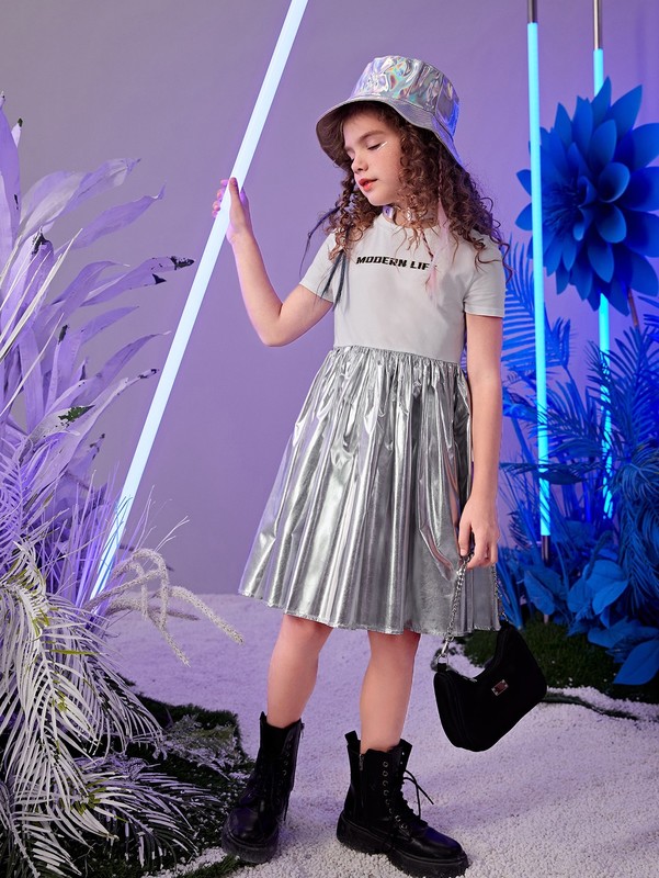 Girls Slogan Graphic Metallic Dress SHE