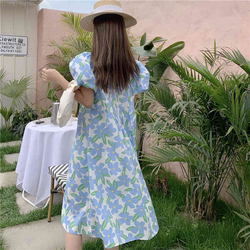 Fashion Retro Blue Print Long Dress Korea Summer Women Sweet Puff Sleeve O Neck Casual Bohemian Vacation Dress 210518