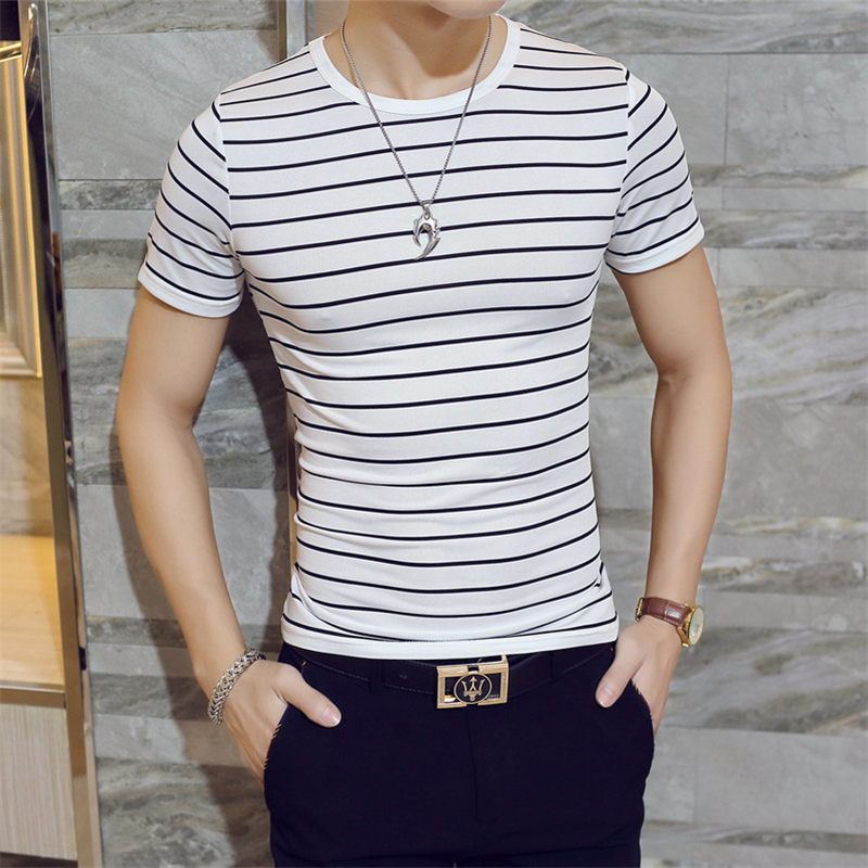 summer youth Black and white stripe Men's T-Shirts Leisure simplicity Slim short sleeve Crew neck elastic force