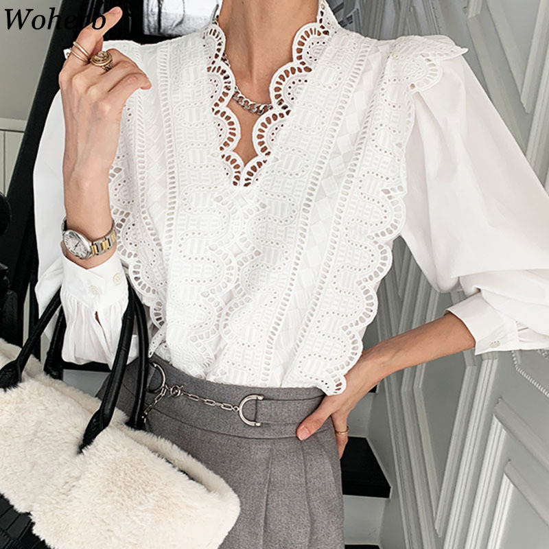 Blouse Women Korean Chic Elegant Shirts V-neck Heavy Lace Hollow Out Patchwork Blouses Loose Puff Sleeve White Tops 4H047 210519
