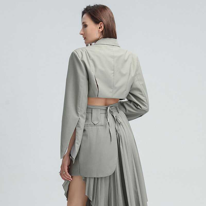 TWOTYLE Patchwork Bandage Blazer For Women Notched Collar Long Sleeve Hollow Out Plus Size Coat Female Korean Clothing 210930
