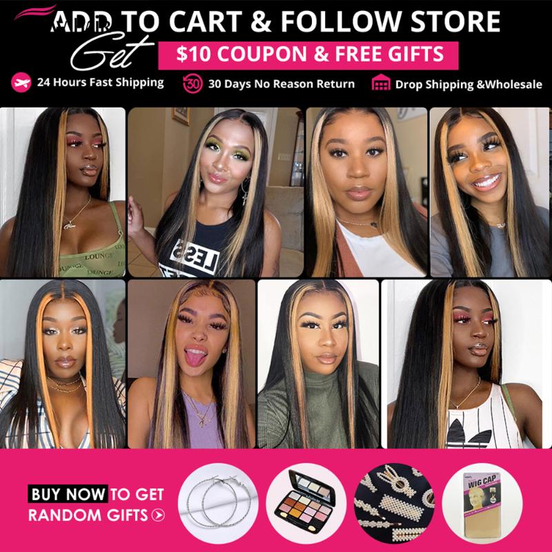 Lace Wigs Ishow Brown Highlight Front Human Hair Blonde Streak 4X4 Closure Wig Brazilian Bone Straight For Women