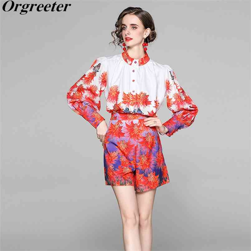Spring Runway Elegant Floral Print Women's Single-breasted Lantern Sleeve Loose Blouse Two piece High Waist Shorts Sets 210602, Red 
Spring Runway Elegant Floral Print Women's Single-breasted Lantern Sleeve Loose Blouse Two piece High Waist Shorts Sets 210602, Red