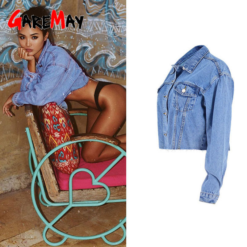 Spring Autumn Crop Denim Jacket Women Long Sleeve Boyfriend Style Casual Blue Jean Lady Vintage Button Top Coat 210428