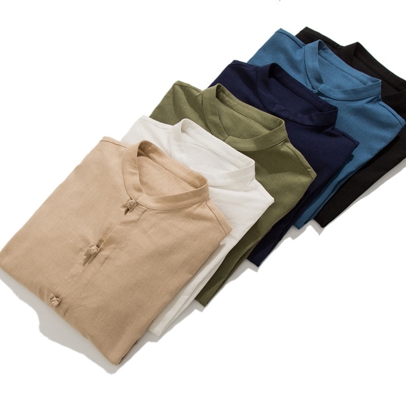 IEFB Chinese Style Cotton Hemp Large Size Shirt Men's Casual Blouse Long Sleeve Stand Collar Coil Button Men's Blouse 9Y6024 210524