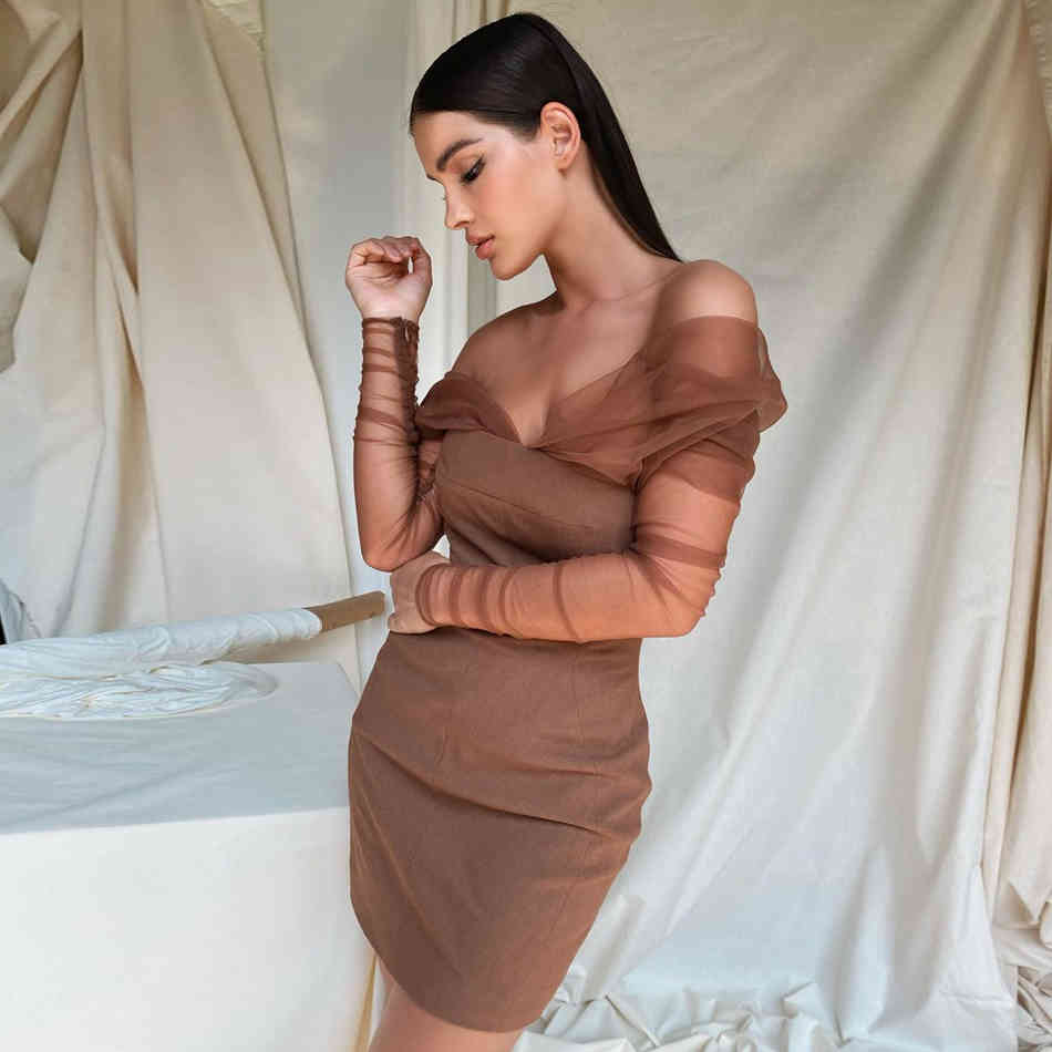 Winter Women Fashion Off Shoulder Lace Long Sleeve Mini Dress Sexy Mesh Club Celebrity Evening Runway Party 210423