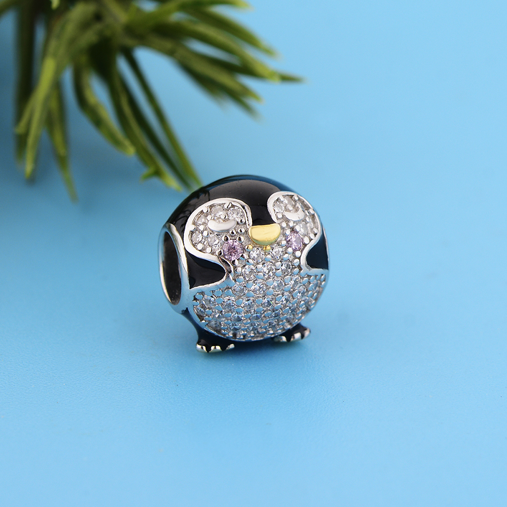 Fit Original Pandora Charm Bracelet Real 925 Silver Black Baby Penguin Gold Color Foot Bead For Making Berloque