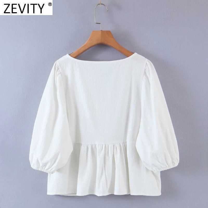 Zevity Women Sweet V Neck Lace Patchwork Hem Pleat Ruffles Shirts Lady Lantern Sleeve Casual Slim Blouse Roupas Chic Tops LS9134 210603