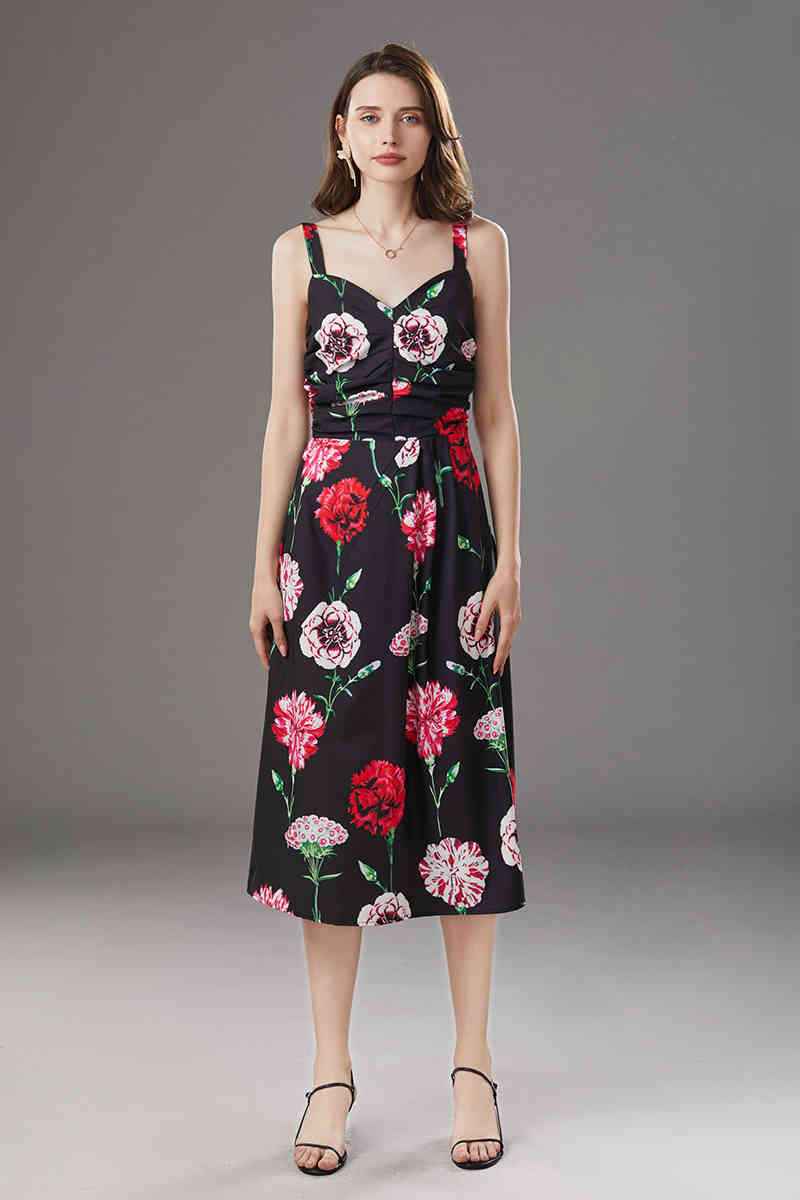 Arrival Summer Women's Runway Dresses Spaghetti Strap Floral Printed Ruched High Street Fashion Casual Mid Calf 210506