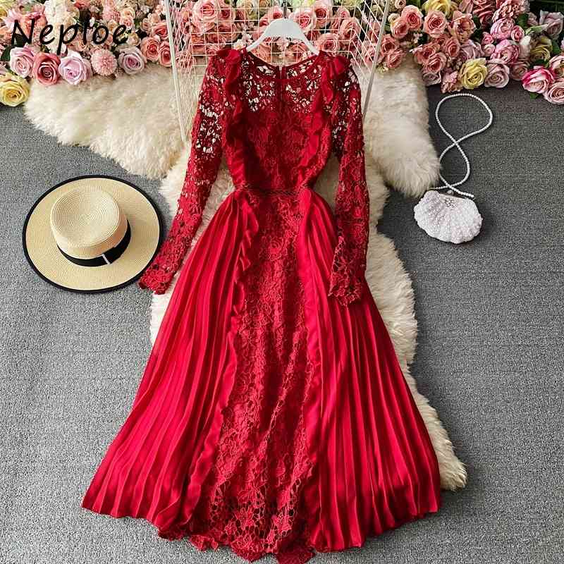 Neploe Elegant Lace Patchwork Hook Flower Chiffon Dress Women High Waist Hip A Line Long Vestidos Spring Long Sleeve Robe Solid 210422