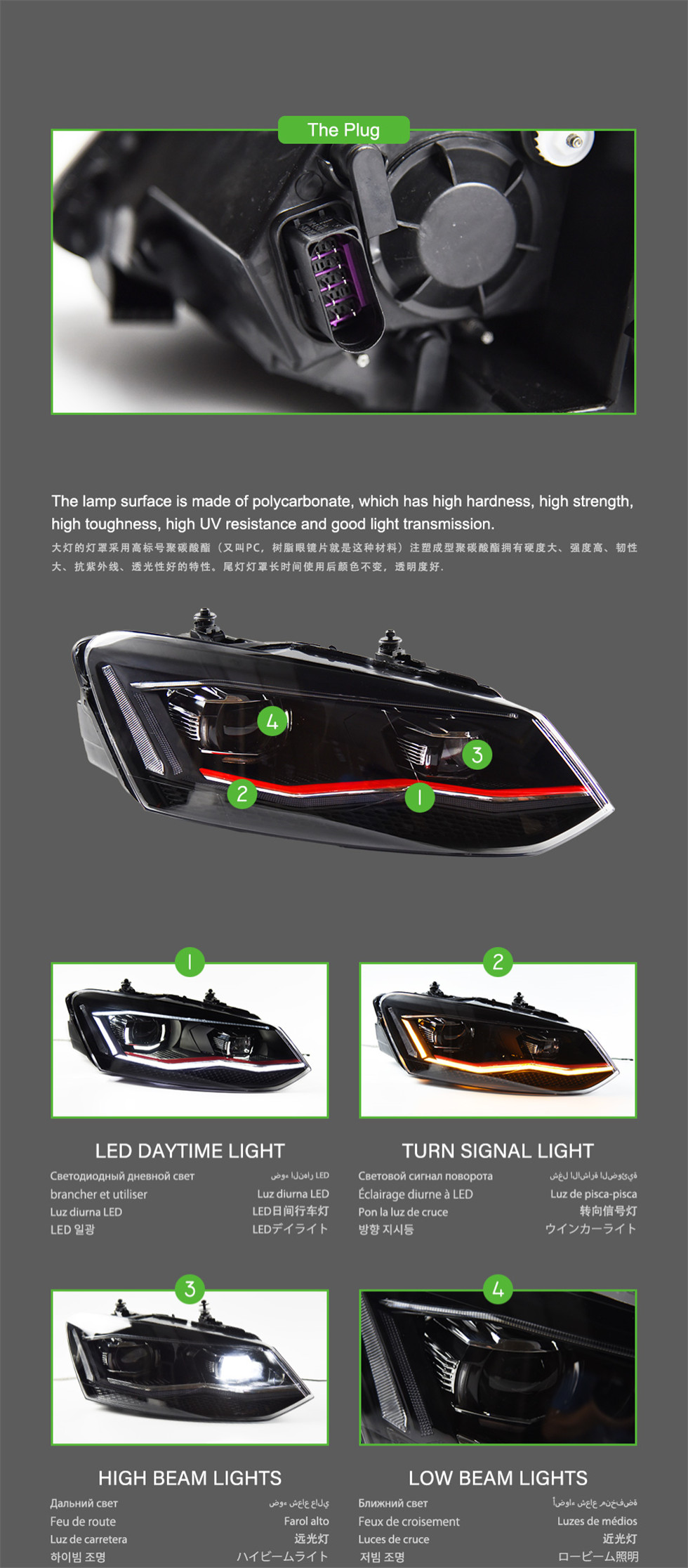 LED Daytime Lights For VW Polo 2011-2018DRL Headlight Assembly High/Low Bean Lens Turn Signal Reverse Fog Lamp