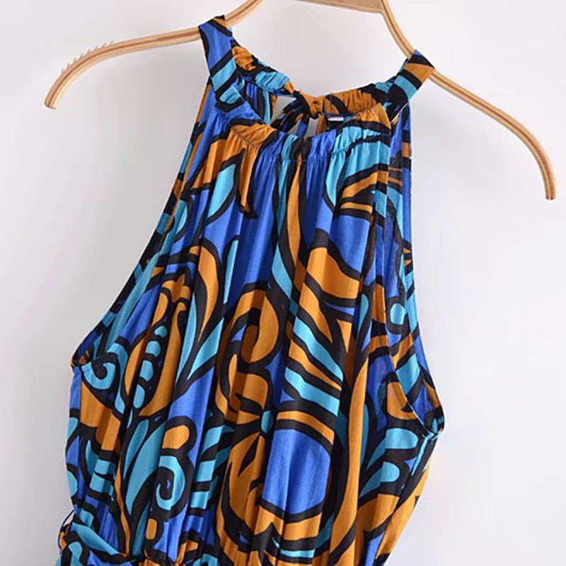 Casual Women O Neck Draw Back Dress Summer Fashion Ladies Beach Style Female Digital Print Long Skirt 210515