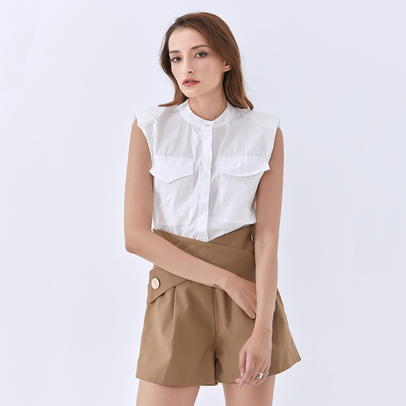 Casual White Blouse For Women Stand Collar Sleeveless Solid Minimalist Shirt Female Summer Fashion 210524