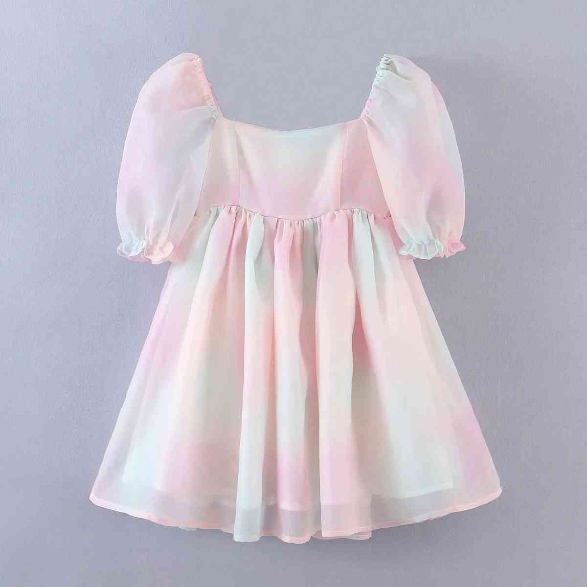 Tie-dyed Rainbow Organza Dress A-line Puff Sleeve Cute Summer for Women Skater Short Party Holiday 210427