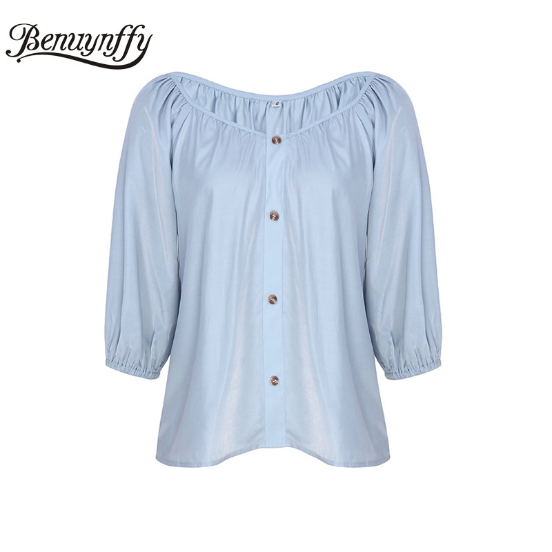 Solid Button Summer Tops For Women Loose Casual OL Three Quarter Length Sleeve V-Neck Top Blouse Female 210510