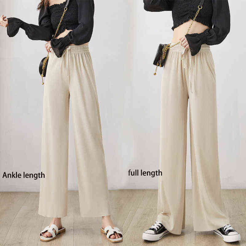 Spring Summer Women Wide Leg Pants High Waist Loose Casual Long Stacked Silk Women's Ice Ankle-Length Trousers 211115