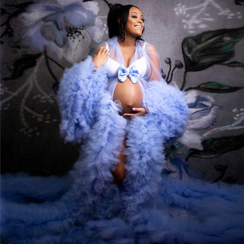 Illusion Sleepwear Tiered Ruffled Maternity Dress for Photoshoot robe de soiree Tulle Bathrobe Sexy Sheer Full Sleeve Evening Dresses
