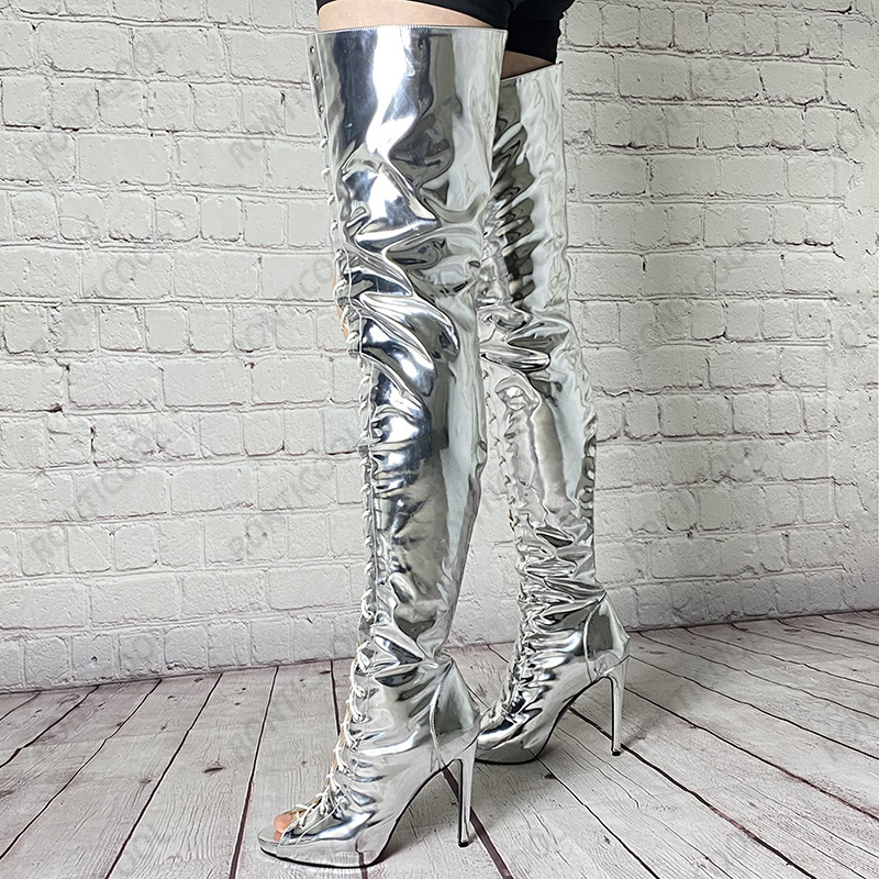 Rontic Personal Customize Women Spring Thigh Boots Patent Stiletto Heels Peep Toe Silver Party Shoes Women Us Size 5-20